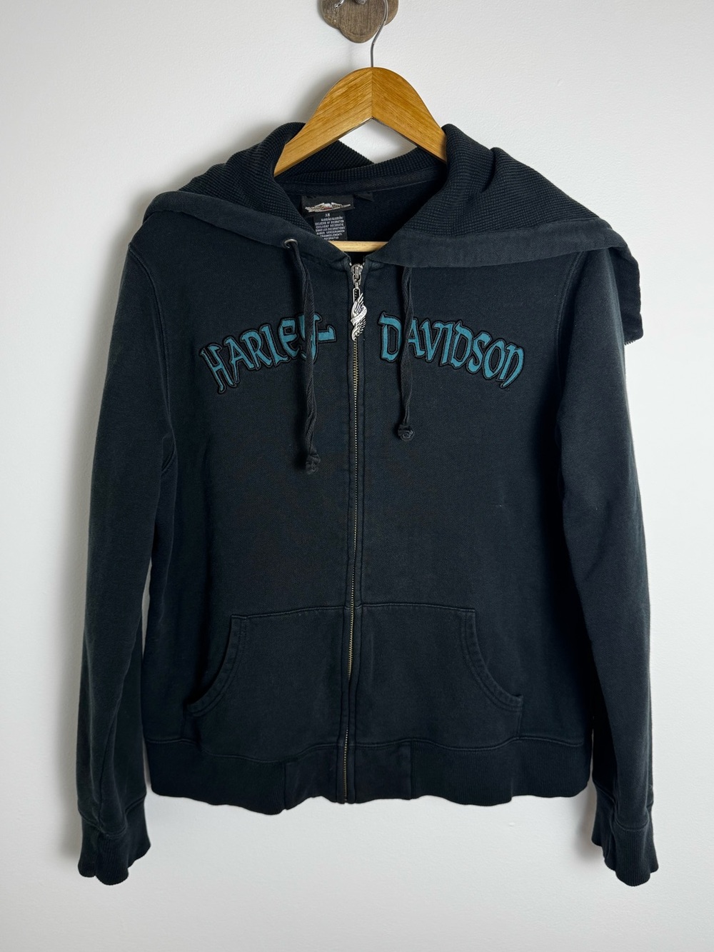 Y2K Harley Davidson Zip Hoodie Waffle Hood Biker Girl XL